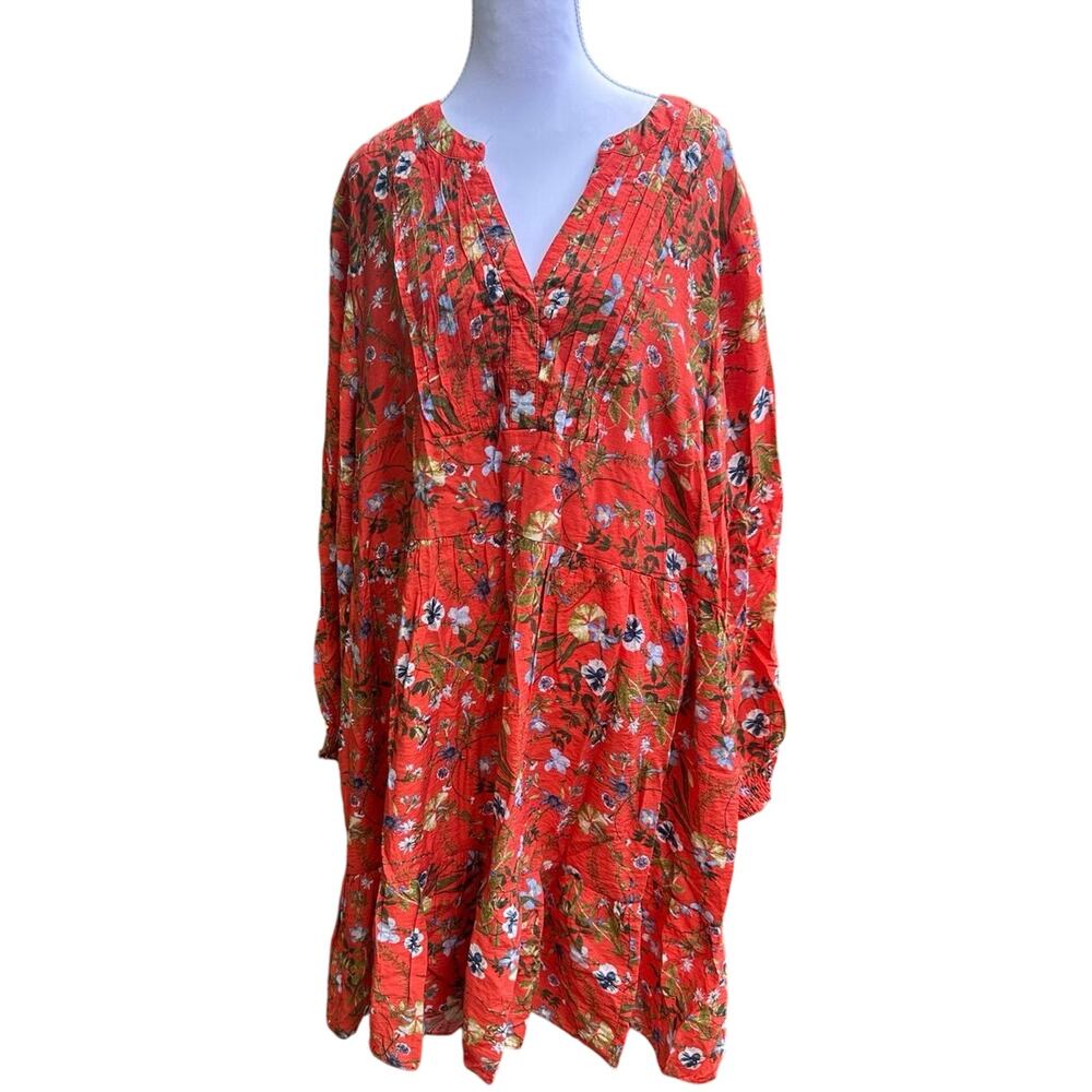 Terra & Sky 2XL Orange Floral V- Neck Boho Cottagecore Long Sleeve Midi Dress